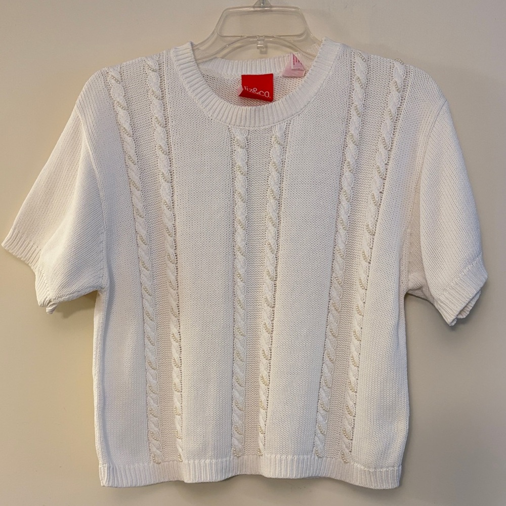 Liz & co White Cable Knit Short Sleeve Cropped‎ Cottagecore Sweater, size Small